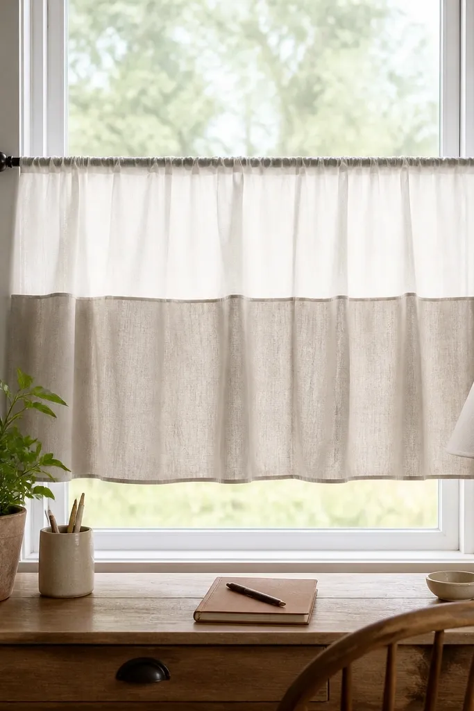 A short curtain panel made of two fabric pieces - a light sheer top and a heavier cotton bottom - hung at a window above a desk.