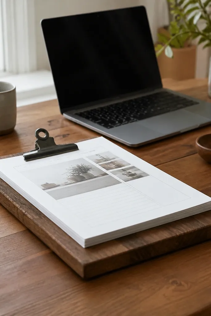 A chunky clipboard made from a stained wood board with a clip on top, holding a stack of printed worksheets; it sits on the desk in front of a laptop.