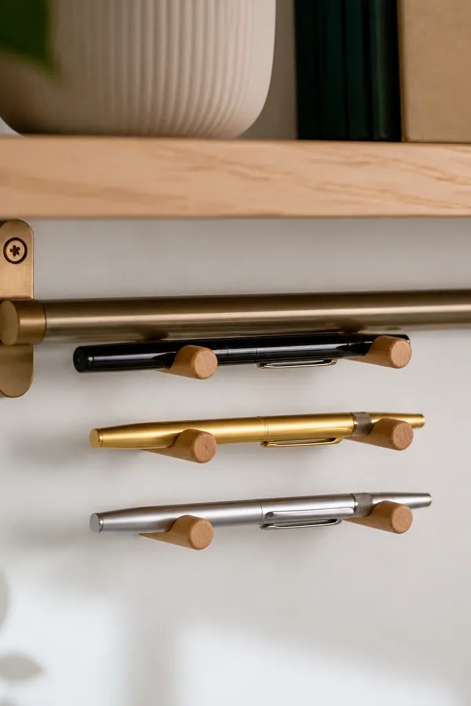 A horizontal rail mounted under a shelf with three small wooden dowels holding pens in a neat row; the dowels are light brown with smooth rounded ends.