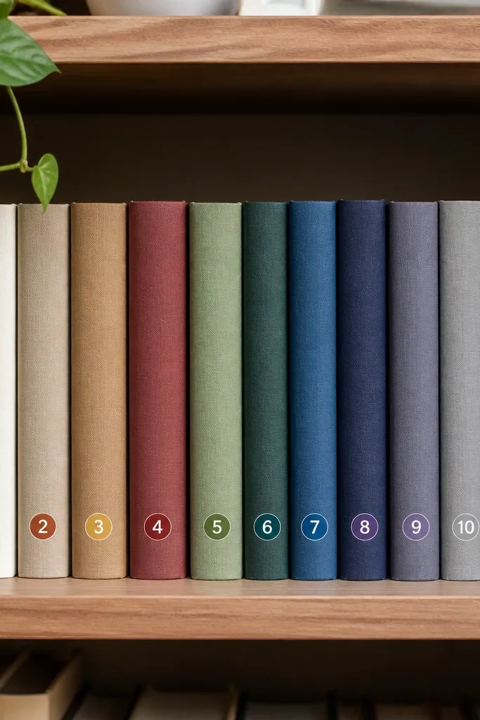 A bookshelf with books aligned and each spine has a small label with a number in a colored circle; labels are consistent in size and font style.