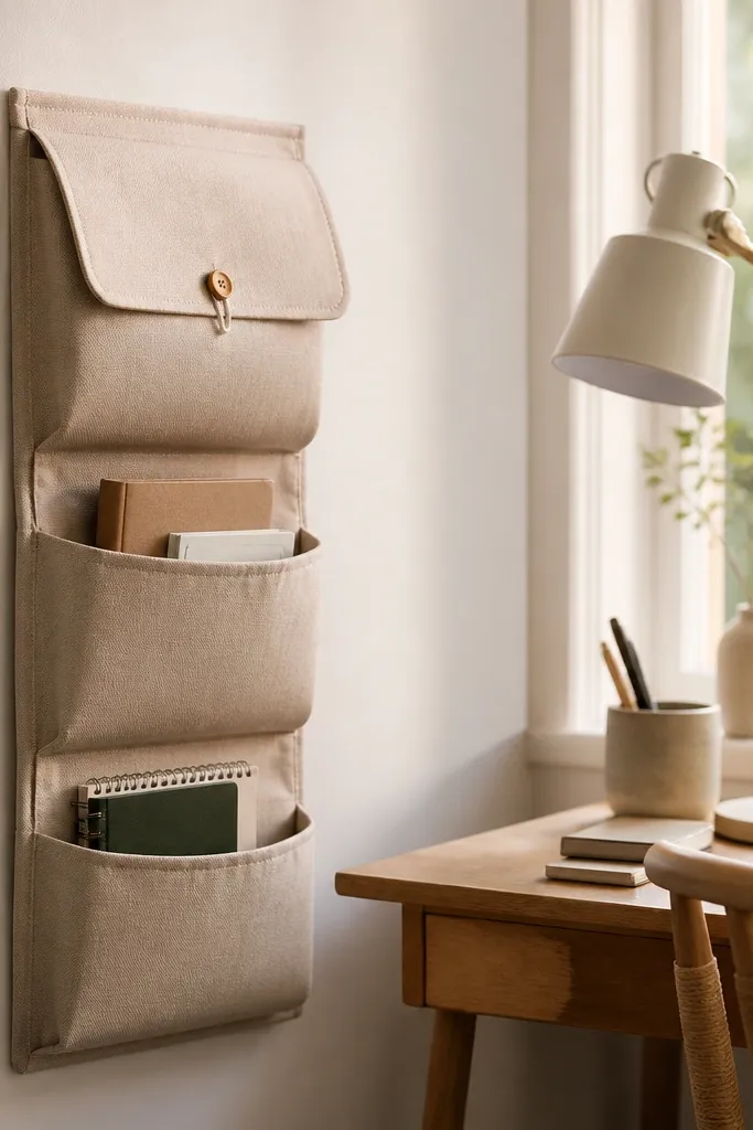 A fabric wall pocket mounted beside the desk with three stacked compartments; the top flap closes with a small button.