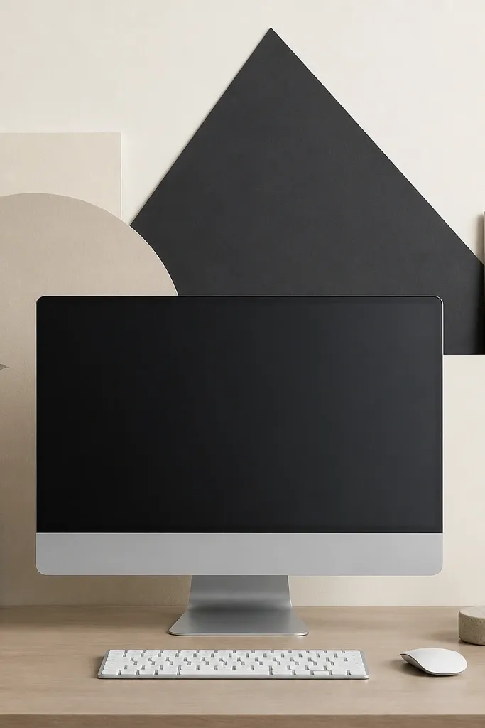 A desk backdrop behind a monitor made from matte poster board cut into simple geometric shapes, with a calm off-white background and a single charcoal triangle.