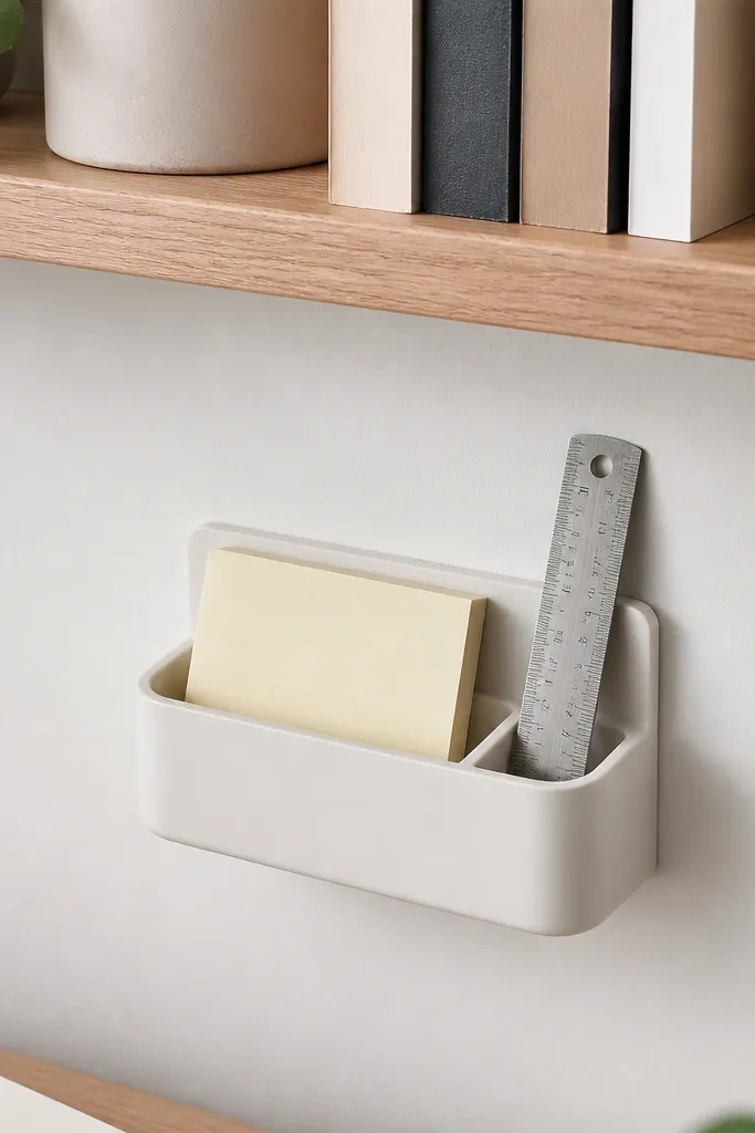 A small wall-mounted tray below a shelf with a slot holding sticky notes and a separate narrow slot for a metal ruler.