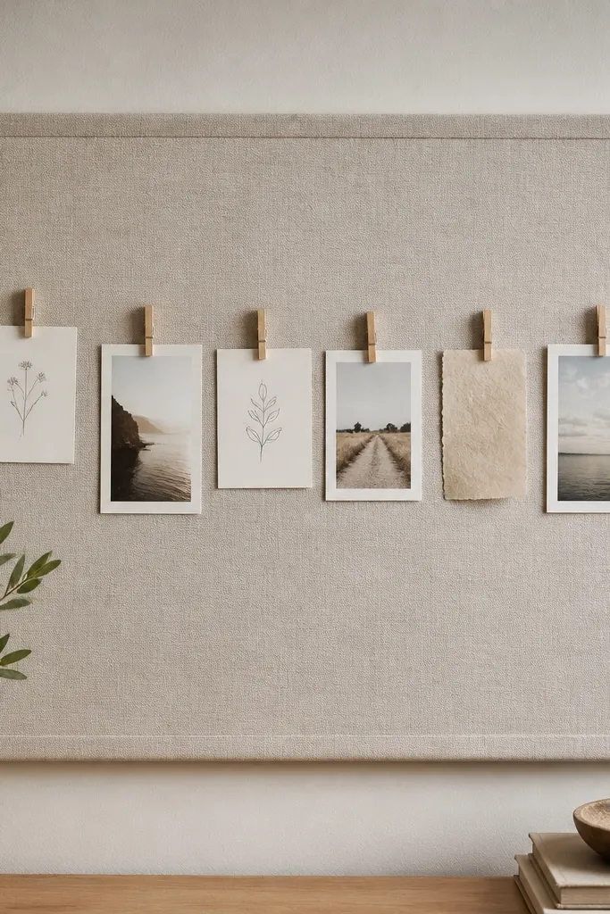 A linen fabric panel mounted on the wall with a line of small wooden peg clips holding index cards and a few photos; the panel has a clean border seam.