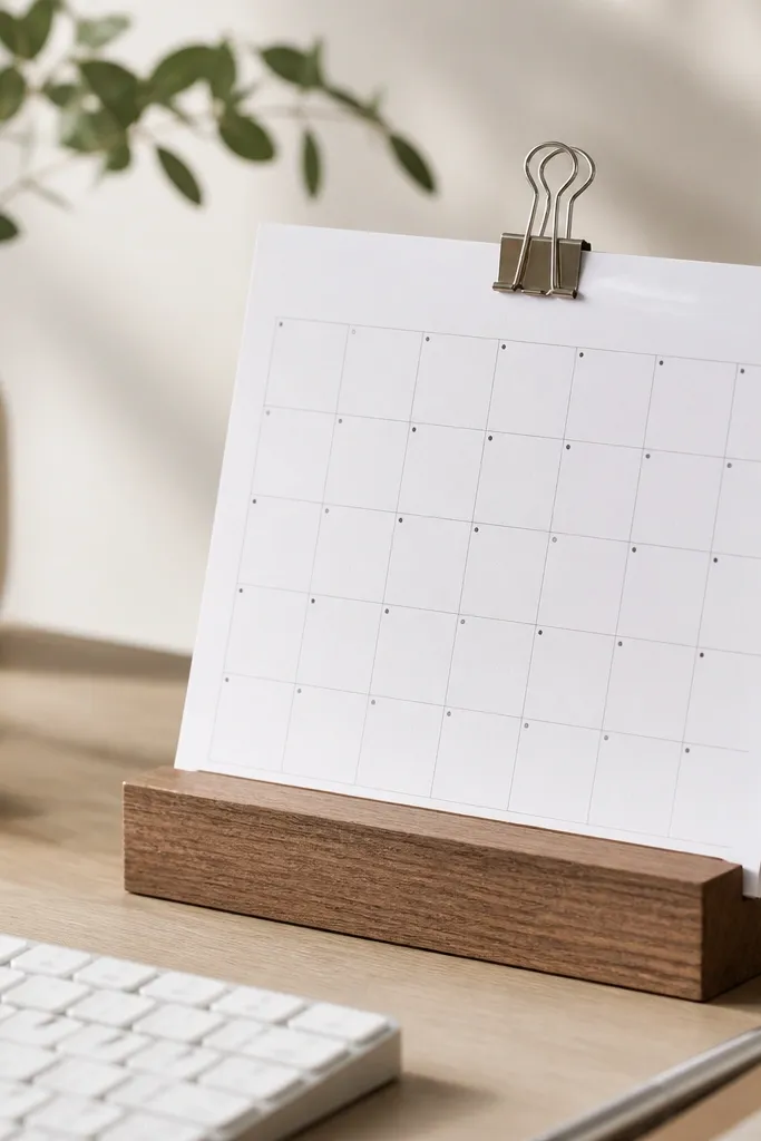A small wooden block stand with a metal binder clip holding a monthly calendar sheet at a slight angle; it sits beside a keyboard.