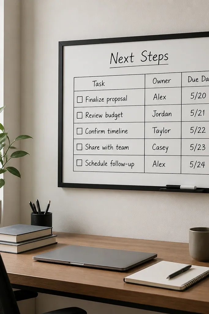 A rectangular dry-erase board in a matte black frame mounted on the wall above the desk, with a simple grid and handwritten 'Next Steps' list.