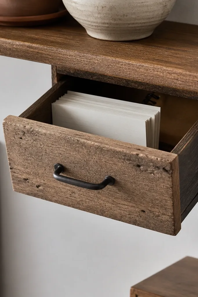 A small wall-mounted drawer box under a shelf with a scrap wood front panel and a simple pull handle; it holds index cards and a small notebook.