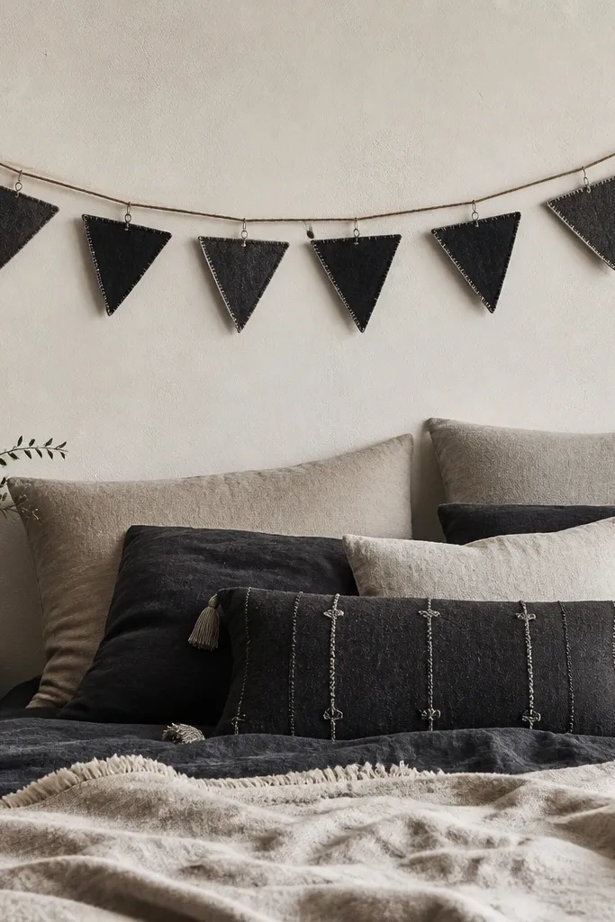 A string garland made of matte black and charcoal felt triangle pieces, each triangle edged with a thin silver thread line. Small silver chain clips attach the felt to a jute cord, and the garland hangs above a bed like a pack border.