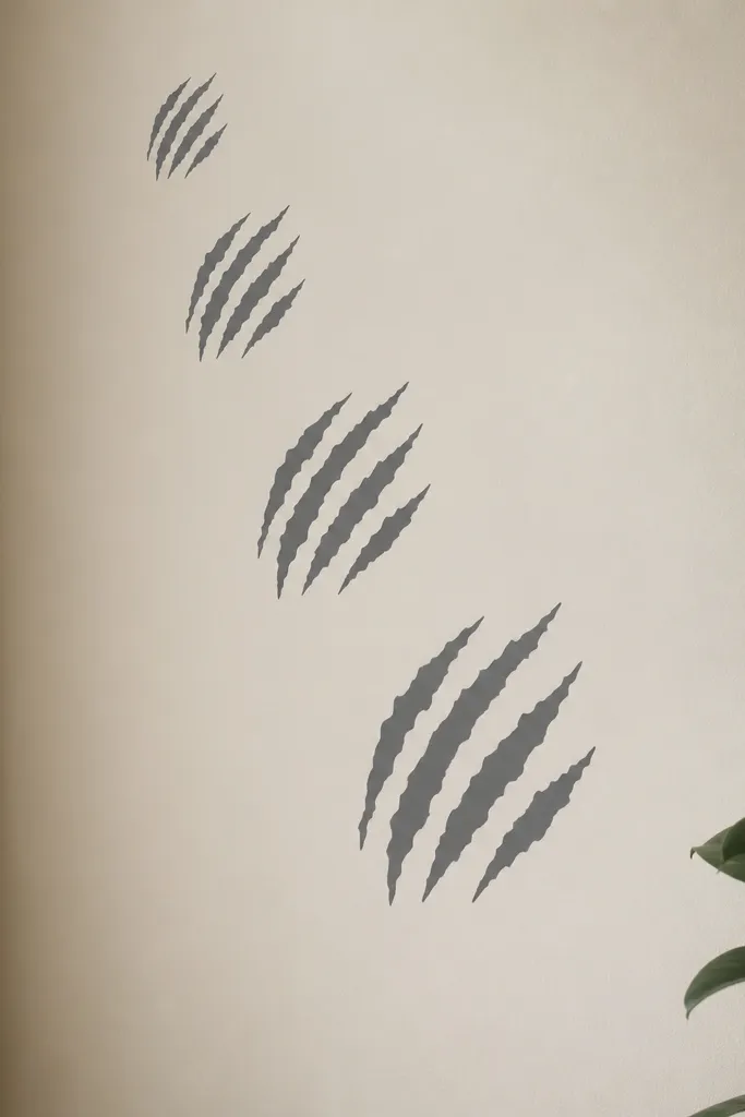 A set of five claw-mark shapes in muted gray heat-set vinyl on textured cardstock backing, each one the size of a handprint. The decals are arranged in a diagonal line on a cream wall, with one larger claw at the bottom.