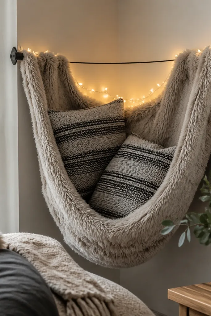 A room corner turned into a cozy nest: a small tension rod across the corner, faux fur throw draped in a U-shape, and two knit pillows with gray and black stripes. A string of warm white fairy lights sits behind the fur.