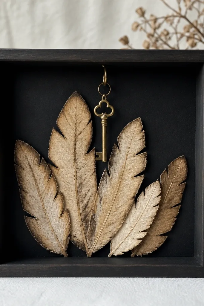 A small square shadow box with a black backing. Inside are layered feather shapes cut from coffee-stained muslin, with darker edges, plus a thin brass key charm hanging from the top.