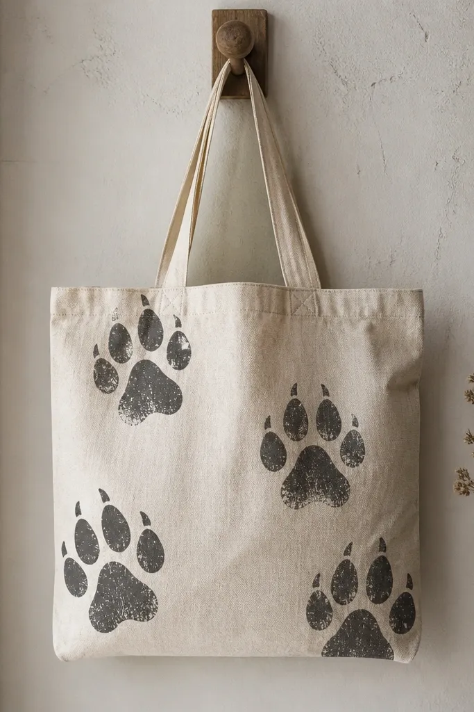 A canvas tote bag hanging on a hook, painted with a minimalist wolf paw print pattern in off-white and charcoal. The tote has a simple stencil look with crisp edges and a slightly distressed finish.