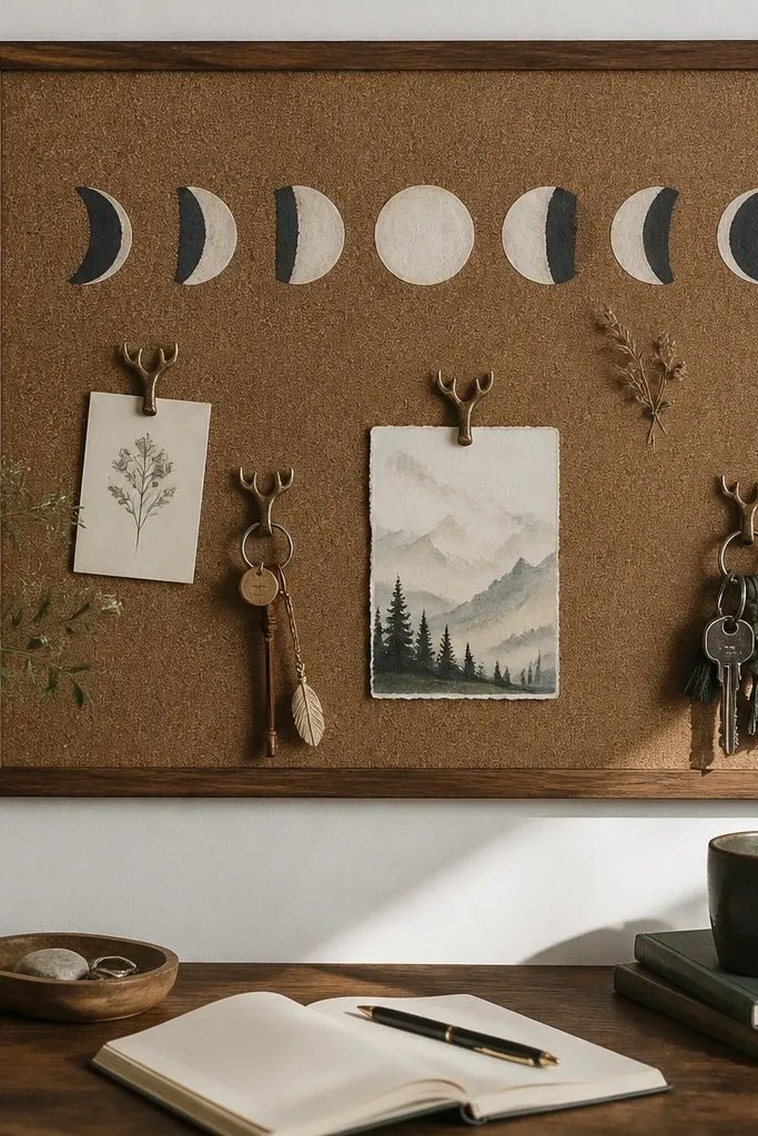 A corkboard mounted above a desk. On it are hand-painted moon phases in cream and slate, plus small antler-shaped pushpins holding notes and keychains.