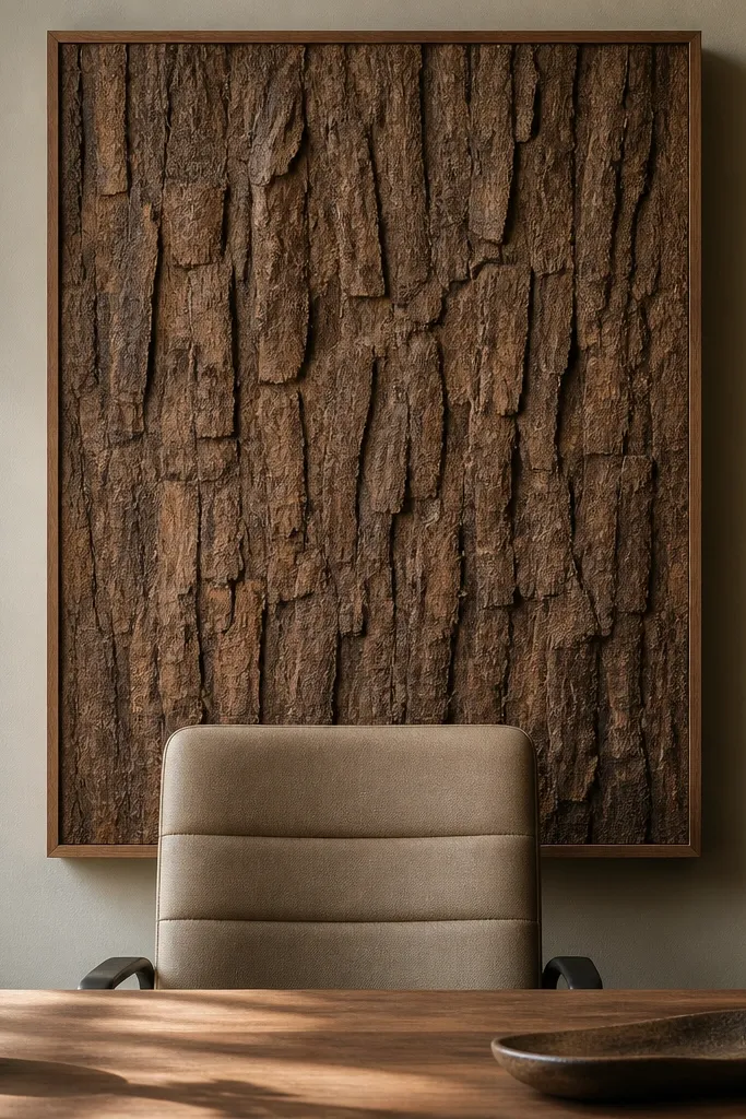 A rectangular wall panel with rough bark texture made from layered brown paper scraps, sealed with Mod Podge. It's mounted in a simple frame and placed behind a desk chair.