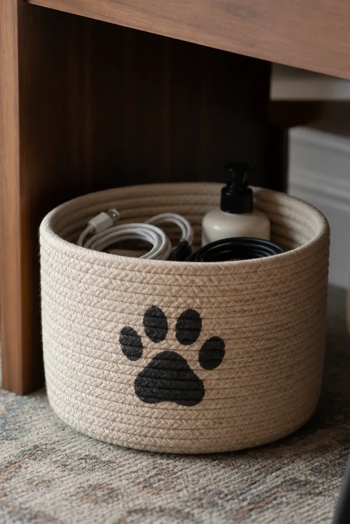 A woven rope basket on the floor with a hand-painted paw print on the front. Inside are neatly coiled charging cables and a small bottle of lotion, with the basket tucked under a desk.