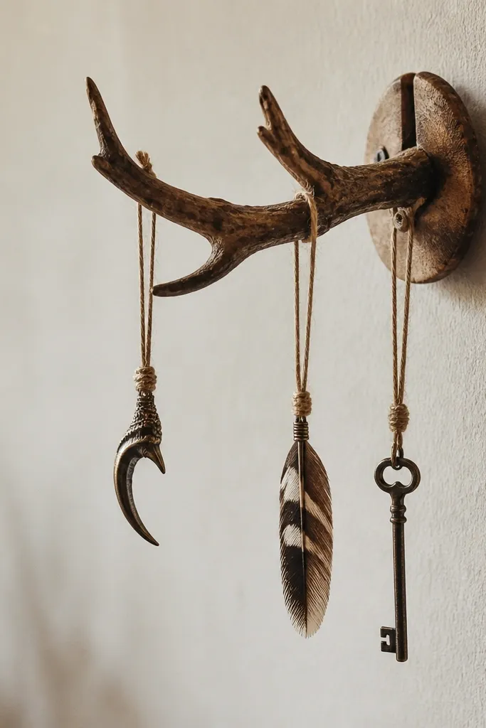 A small branch with antler-like twigs mounted to a wall. Several twine tags hang from it, each holding a tiny charm: a metal claw, a feather, and a key.