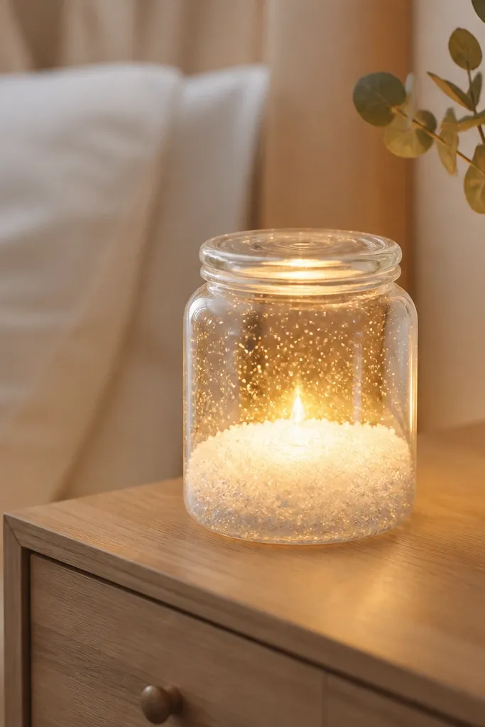 A clear glass jar on a bedside table with a warm LED inside. The bottom has salt crystals mixed with a tiny amount of silver glitter, creating a snowy glow under the light.