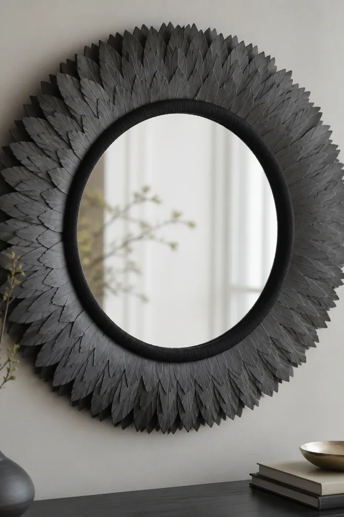 A round mirror with a frame wrapped in black fabric. A feather-edge border is made from layered gray ribbon strips, each strip cut into a V shape and glued around the mirror.