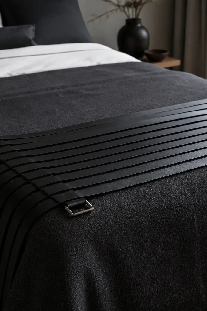 A bed runner made from black faux leather strips arranged in parallel lines, with a small silver buckle detail at one end. It's laid across the foot of the bed over a charcoal blanket.