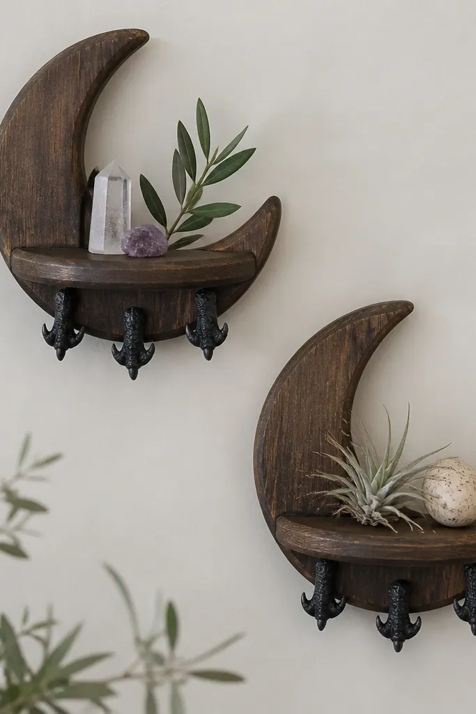 Two small crescent-shaped shelves on a wall. Each shelf has polymer clay hooks shaped like tiny claws, painted matte black with a soft gray dry-brush.
