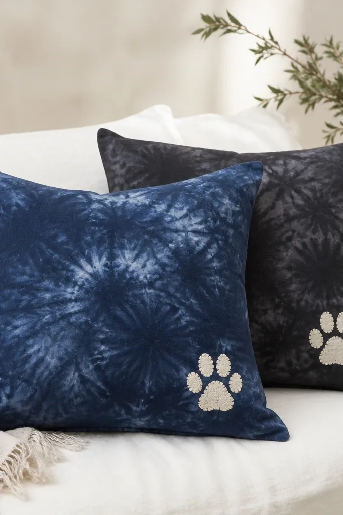 Two pillow covers in deep indigo and charcoal tie-dye. Each cover has an iron-on appliqué of a small paw print in off-white, with a slightly distressed edge.