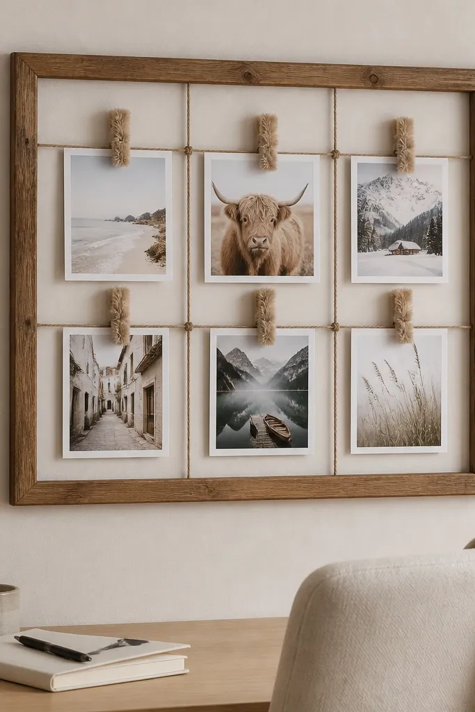 A small photo grid made from a wooden frame and twine. Several photos are clipped with clothespins wrapped in faux fur, and the grid hangs above a desk chair.