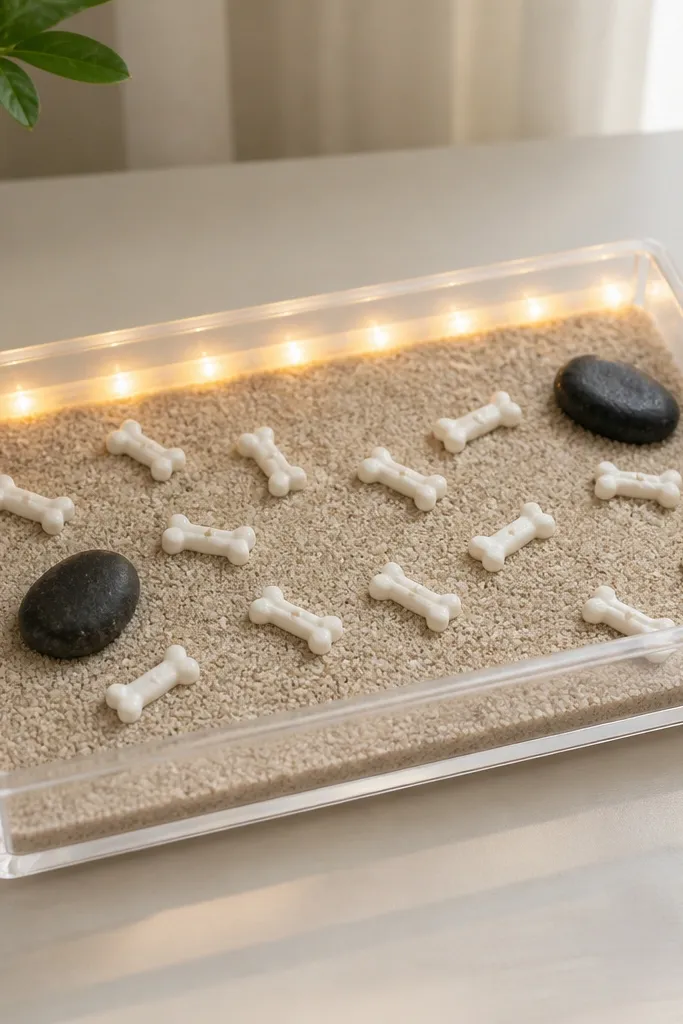 A clear plastic or glass desk tray filled with fine sand, tiny white bone-shaped charms, and two small dark stones. A warm LED strand sits behind the back edge for a glow.