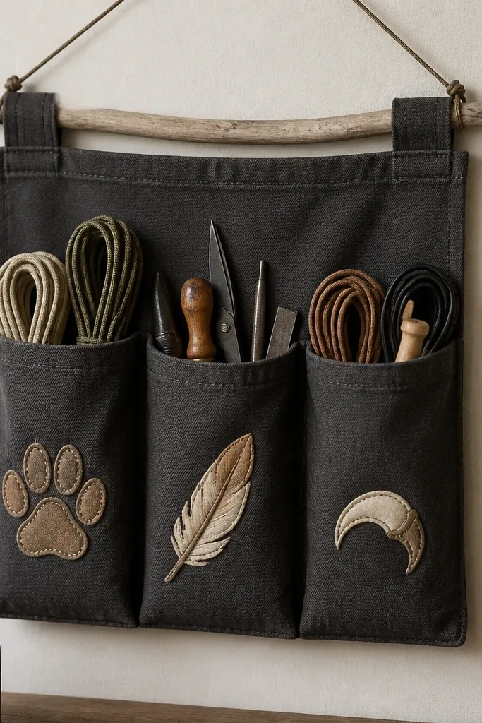 A fabric wall sleeve organizer in charcoal canvas with sewn-on patches: a paw, a feather, and a small claw. It holds rolled cords and small craft tools in separate compartments.