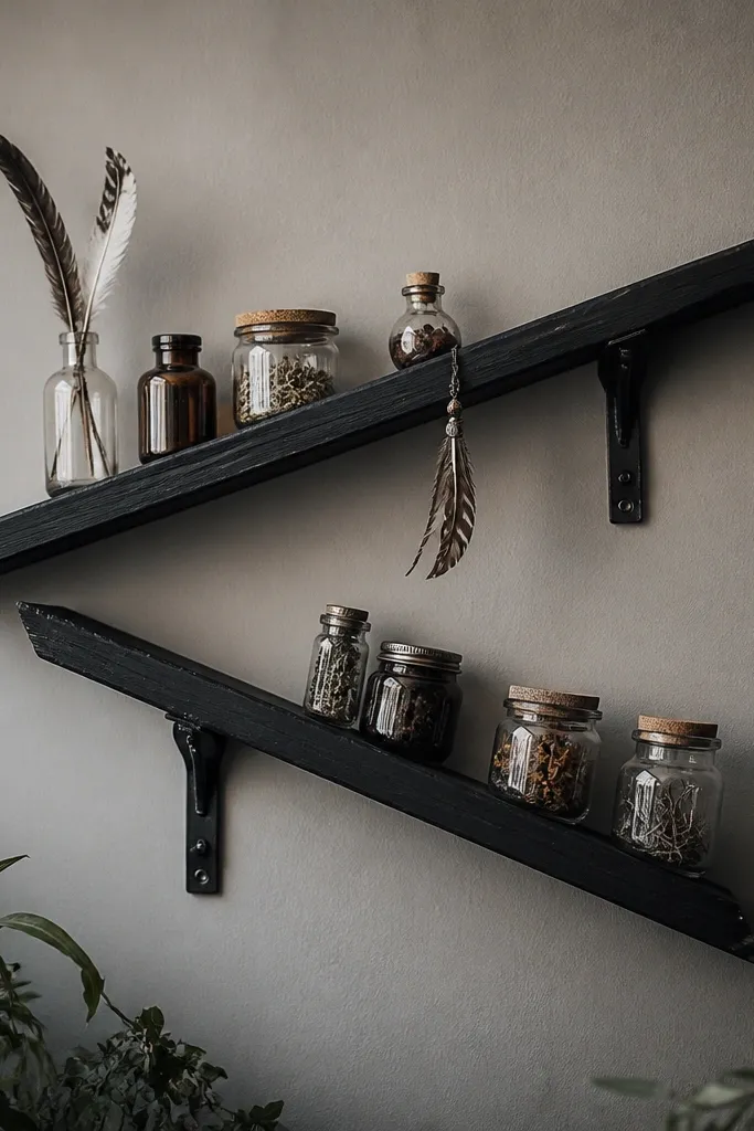Two angled wooden ledges with brackets spray-painted matte black. The ledges hold small jars and a feather charm, arranged so the angles echo claw marks.