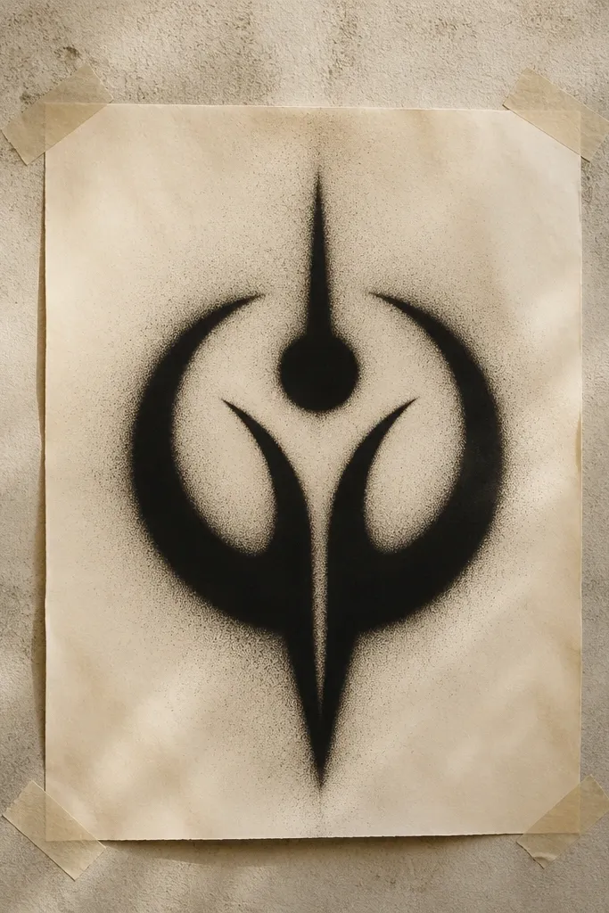 A stencil-like wall art piece: a black spray-painted sigil on cream paper taped to a wall. The edges look softly feathered, with a clean central symbol.