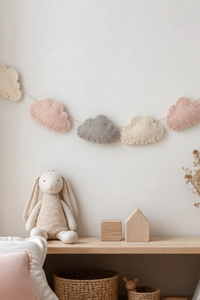 A string garland made of layered felt clouds with soft fringe edges, hung across a bedroom wall above a small shelf. The clouds are in cream, dusty pink, and light gray, with tiny stitched details and a thin twine line between them.