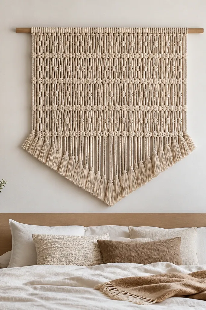 A boho wall hanging made from thick cotton rope strips knotted in rows, with a simple wooden dowel at the top. The ends are neatly trimmed and fan out, displayed above a bed headboard area.