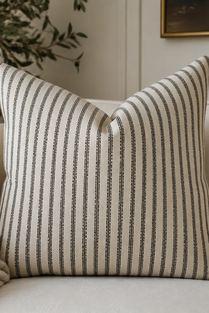 A couch pillow cover made from ticking stripe fabric with a clean envelope back, shown on a light-colored sofa. The stripes are black and cream, with a slightly textured woven look and a neat fold at the back opening.