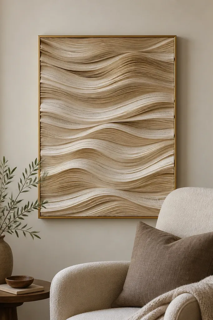 A rectangular picture frame filled with layered book pages shaped into soft waves, with a thin gold frame edge. The piece hangs on a cream wall near a reading chair.