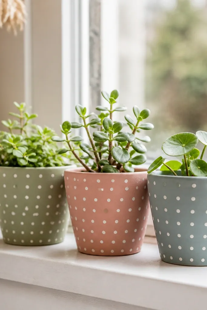 Three small terracotta pots painted in muted colors with crisp white dot patterns. They sit together on a windowsill with small plants inside, and the dots look evenly spaced.