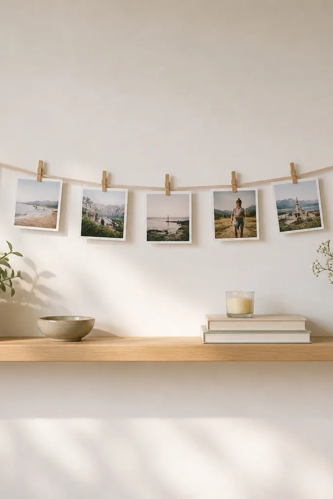 A simple floating shelf with a line of small photo prints clipped to a ribbon string. The ribbon runs across the shelf area, and the clips are small and evenly spaced.