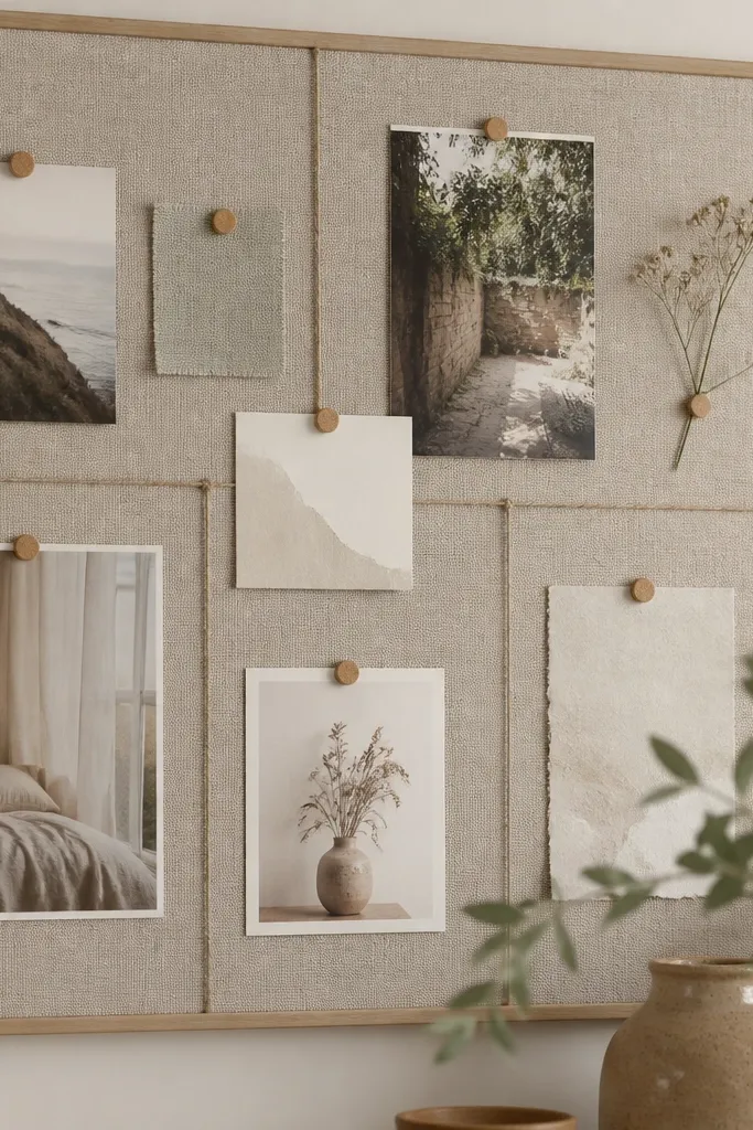 A corkboard covered in neutral linen fabric, divided into sections by thin twine lines. Small pinned notes and photos are arranged neatly using cork pins.