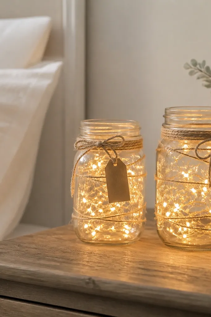 Two mason jar lanterns on a bedside table, each jar wrapped with thin twine and filled with battery fairy lights. The jars have a warm amber glow and a small tag tied to the twine.