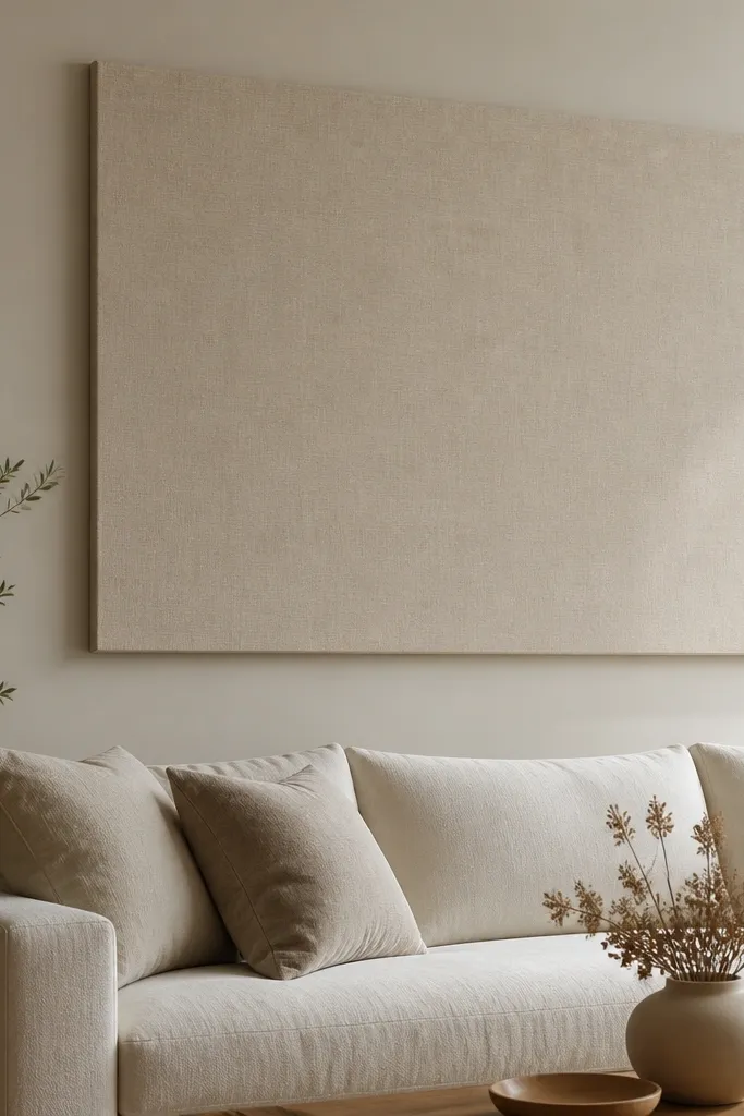 A large wall panel made from foam board frame covered with linen-texture fabric, with small shadow gaps around the edges. It hangs above a couch with a soft neutral color palette.
