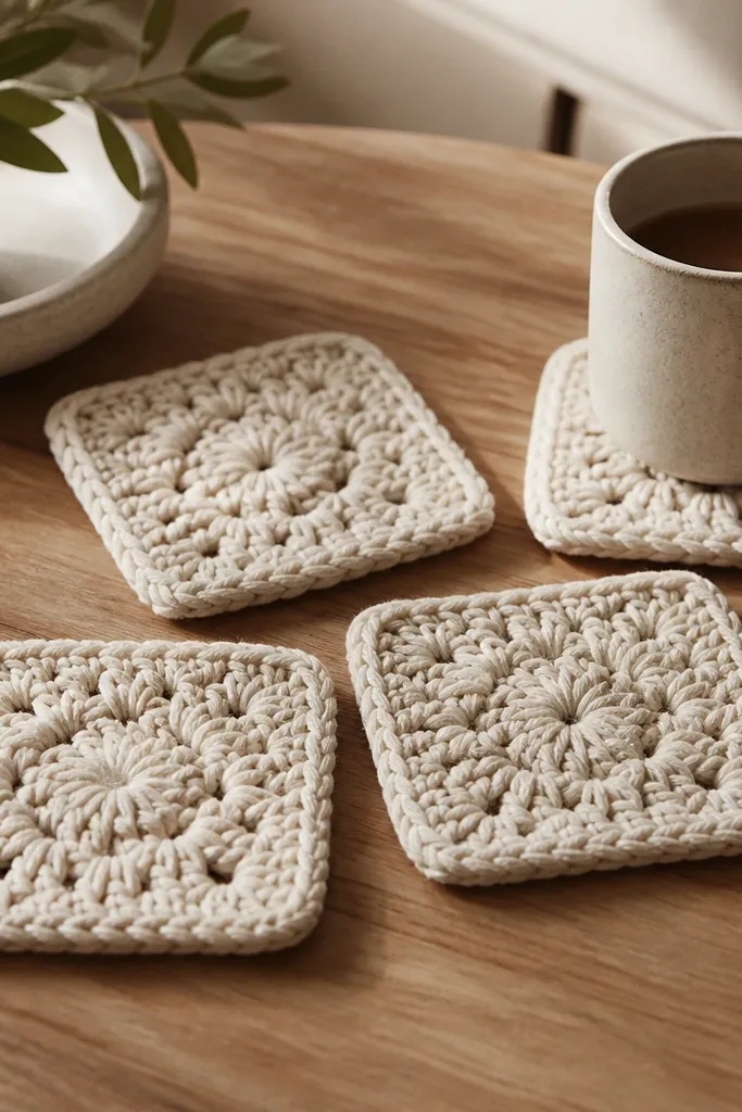 A set of four square coasters with a crochet-like pattern made from thick cotton yarn. They sit on a wooden coffee table next to a mug, with neutral beige and cream tones.