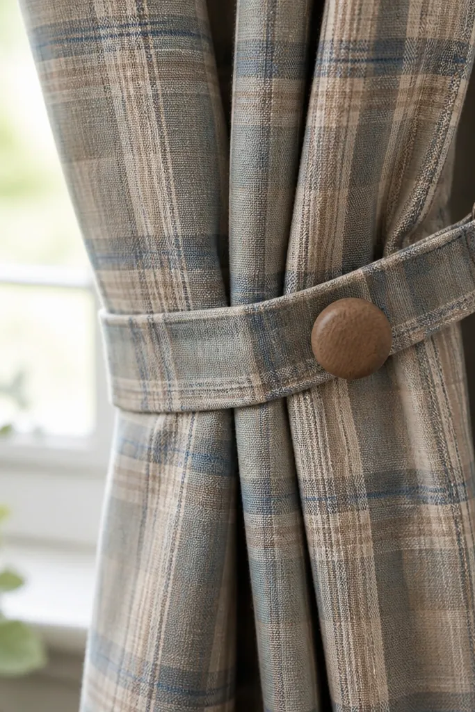 Curtain tie backs made from small wooden drawer knobs attached to fabric straps, clipped to the side of a curtain. The fabric is a soft plaid in muted tones.