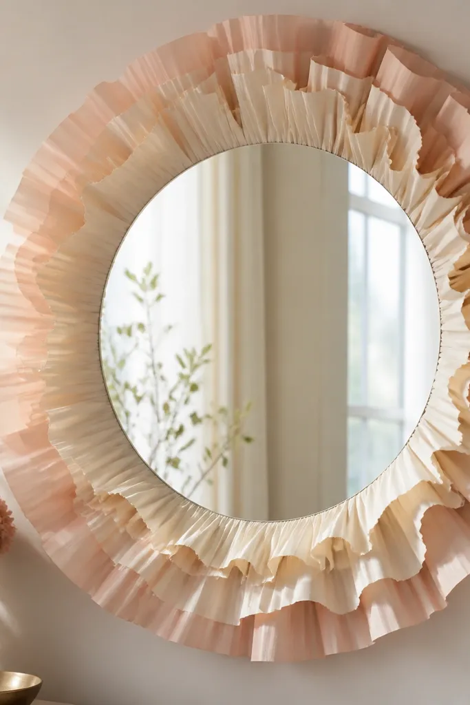 A round mirror mounted on the wall with a frame made of layered paper ruffles in blush and cream. The ruffles curve around the mirror edge and catch light.