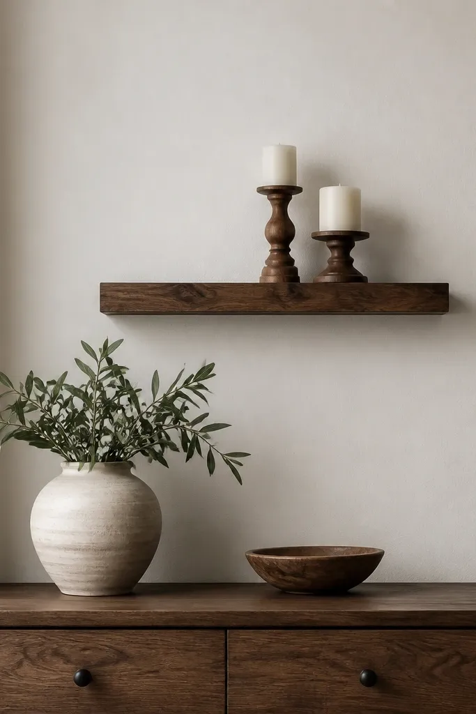 A small wall shelf made from a stained wooden plank with two candle holders on top. The shelf is mounted with adhesive strips and looks centered above a dresser.