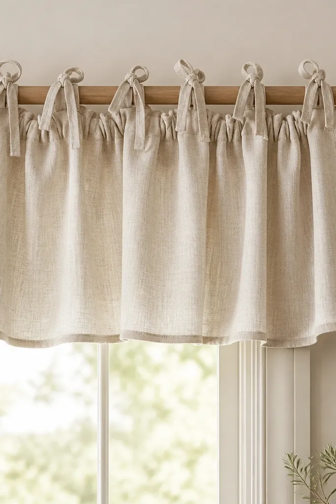 A window valance made from gathered fabric panels tied onto a wooden dowel rod. The fabric is a light beige with subtle texture, and the ties create small loops.