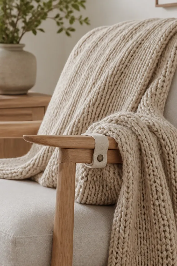 A living room corner where a chunky knit throw is draped over a chair with a simple fabric strap clip holding it in place. The throw is in oatmeal beige and the chair is light wood.