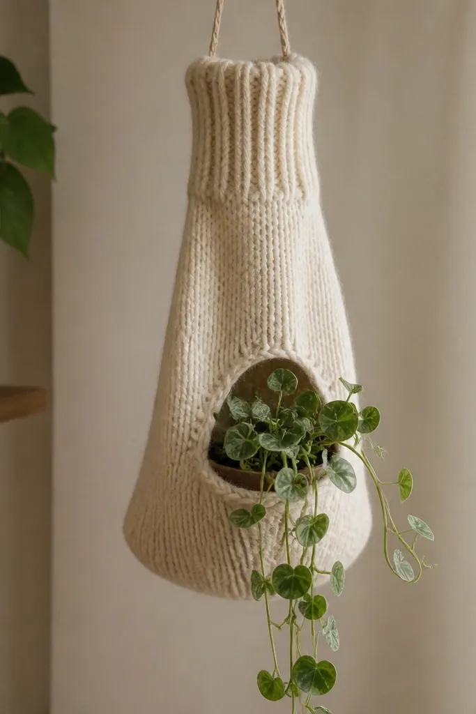 A hanging plant pouch made from an upcycled sweater sleeve, with the cuff at the top and a small opening for the pot. The knit looks thick and soft, in warm cream color.