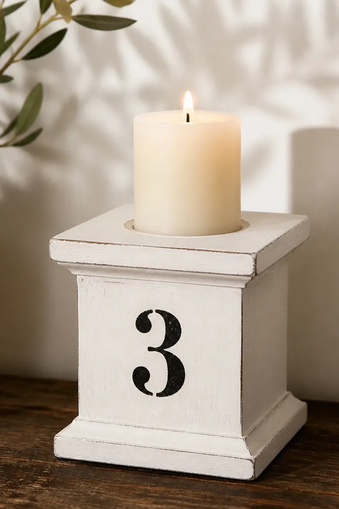 A small wooden candle stand painted matte white with stenciled black numbers on the front. A single pillar candle sits centered on top, with a warm shadow on the wall behind.