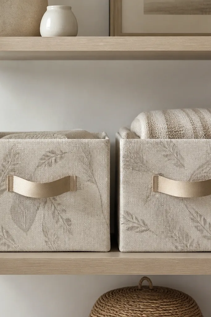Two fabric-covered storage bins with neatly wrapped sides and ribbon handles. The bins sit on a shelf, and the fabric looks like linen with a subtle pattern.