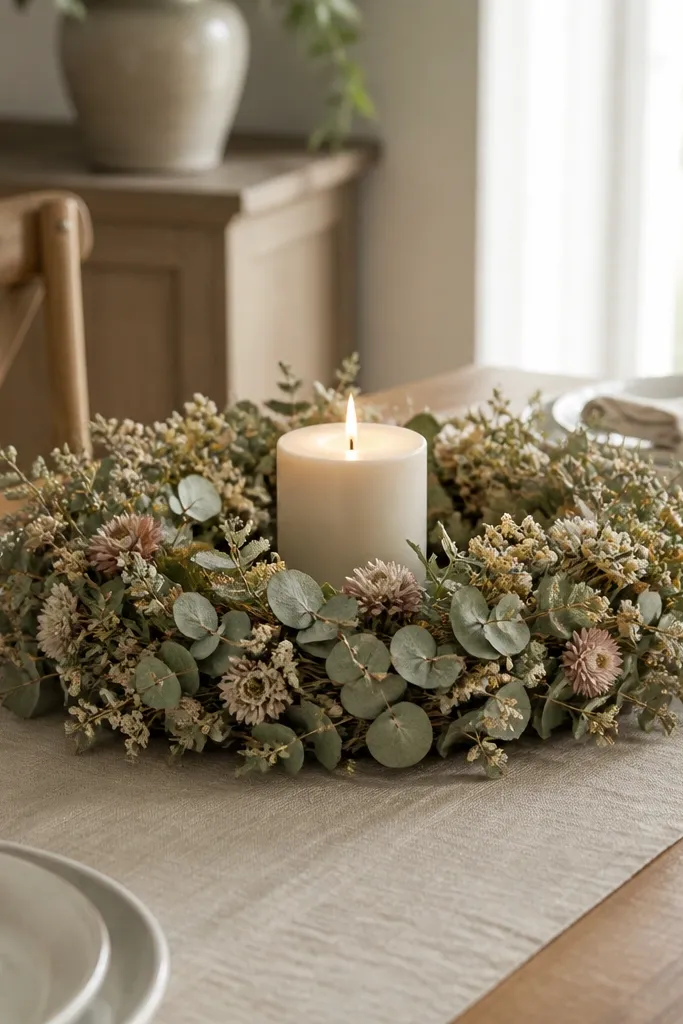 A circular dried flower centerpiece with a candle in the center, made from eucalyptus and small dried blooms. It sits on a dining table with a neutral runner.