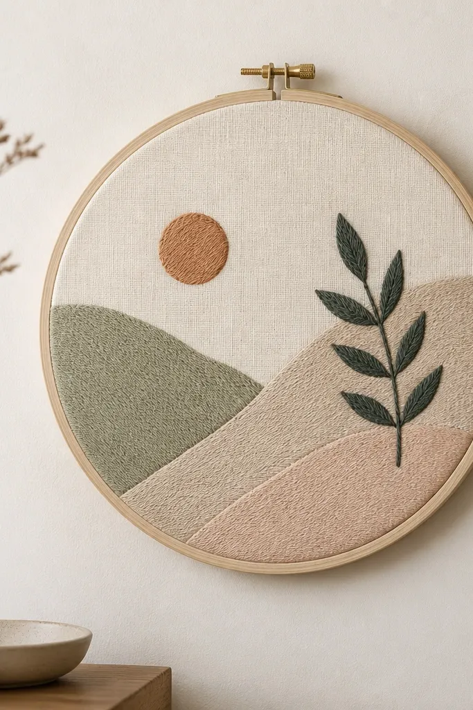 An embroidery hoop mounted on the wall with a fabric panel inside, featuring simple stitched shapes in muted colors. The hoop is natural wood, and the fabric is a linen-like cream.